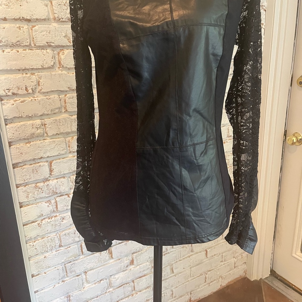 Simon Chang Elegant Black leather and lace top.
